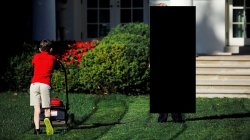 Trump redacted from kids mowing white house lawn meme. Meme Template