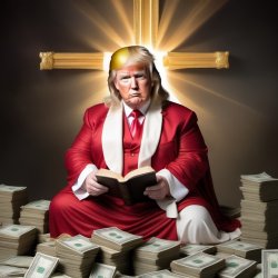 Donald Trump as Jesus pile of money cross crucifix Bible Meme Template