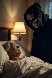 Old Woman in bed with Grim Reaper Ghost of Christmas Future Meme Template
