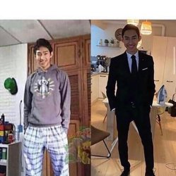 home clothes vs texudo asian guy Meme Template