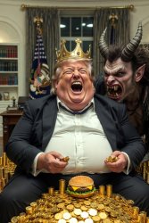 Fat Obese King Trump with gold and satan in oval office Big Mac Meme Template