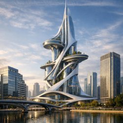 Building of the future with several normal buildings Meme Template