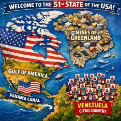 Map of Western Hemisphere, GREENLAND filled with USA MINERAL MIN Meme Template