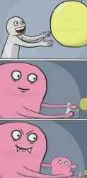 Person yellow ballon pink blob 3 panels Meme Template