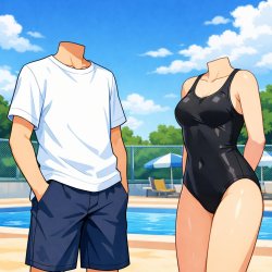 headless anime boy wearing a t-shirt and shorts, stares at headl Meme Template