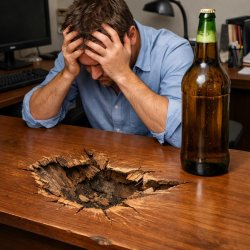 Huge desk dent in it. Man holding head. Large bottle of beer on Meme Template