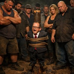 a short man boss tied to a stake with a crowd of large people su Meme Template