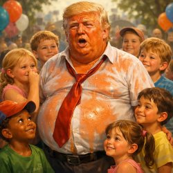 An orange fat sweaty Donald trump surrounded by a group of littl Meme Template