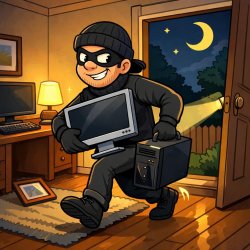 A robber sneaking into a house stealing a computer Meme Template