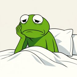 Kermit The frog face with major regret sitting up in bed Meme Template