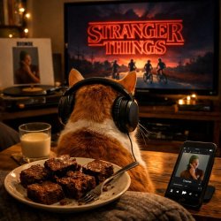 a cat watching stranger things listening to frank ocean while ea Meme Template
