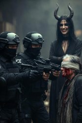 ICE agent threatening to shoot old woman Demon evil Meme Template