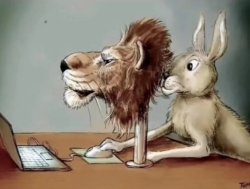 Rabbit hiding behind Lion mask typing on laptop Meme Template