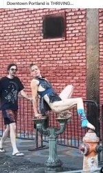 homeless drug addict douching his ass in Portland Benson Bubbler Meme Template