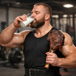 power lifter with tomahawk steak and glass of milk Meme Template