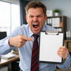guy pointing at clipboard with paper, enraged. In an office Meme Template