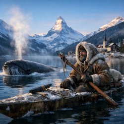 Arctic whale hunter on Swiss lake Meme Template