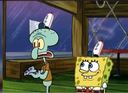 Squidward confused and Spongebob smiling Meme Template