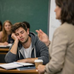 an exhausted student sitting behind a teacher talking Meme Template