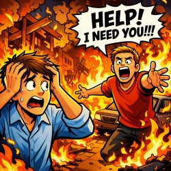 Stressed guy sees guy yelling for his help and everything is bur Meme Template