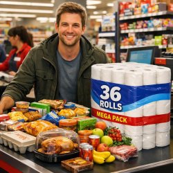 man at the grocery store checkout cashier, with piles of food at Meme Template