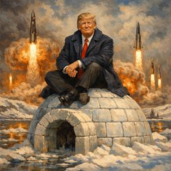 Trump on an iglo. with nuks in the backround Meme Template