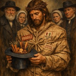 Jesus as a prewrapped package, holding a quaker hat that has the Meme Template