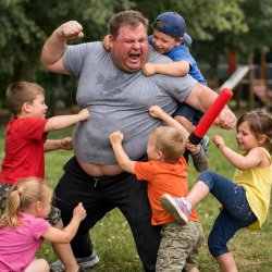 a fat man fighting with little kids Meme Template
