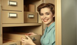 Smiling 1950s Woman Filing Cabinet Meme Template