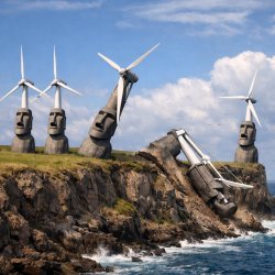 A low sea side cliff with seven modern electric generating windm Meme Template