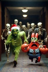 The Grinch and Mr.krabs escaping from zombies AI image Meme Template