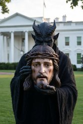 Demon hiding behind mask of Jesus Christ White House Meme Template
