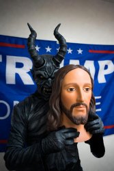 Demon hiding behind mask of Jesus Christ White House Meme Template