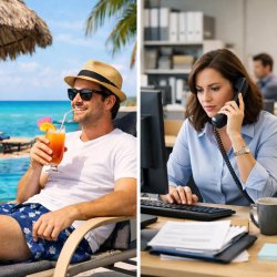Man on holiday, woman at work Meme Template