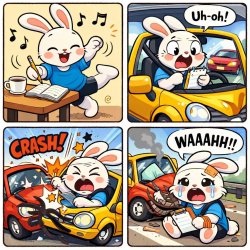 a bunny dancing while writing something but gets in a car crash Meme Template