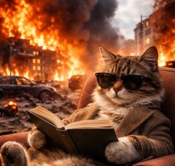 Cat reading while fire burns Meme Template