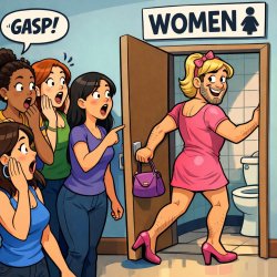 An obvious male in female clothing entering a women's restroom, Meme Template