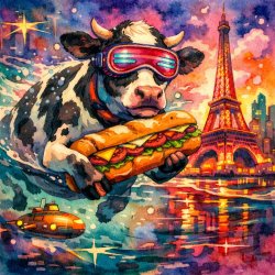 big cow swimming with a submarine sandwich and eiffel tower Meme Template