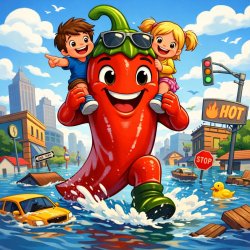 a big chilly with 2 childs on its shoulders over a flooded city Meme Template