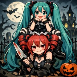 miku sitting on teto who has a knife Meme Template