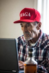 Elderly MAGA man laptop whiskey bottle Meme Template