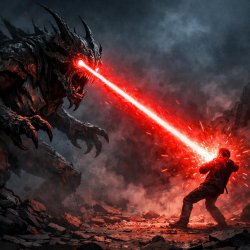 Monster shoots red laser at small guy Meme Template