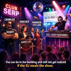 SERP is like a nightclub ?  Crawler = the bouncer who finds the Meme Template