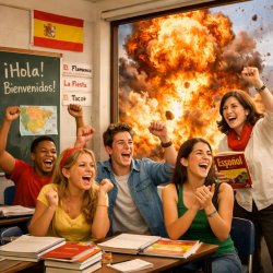 students enjoying spanish class with explosion in background Meme Template