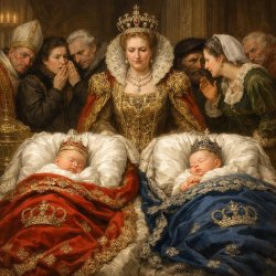 2 babies shown under royal blankets, the queen-mother WANTED bot Meme Template
