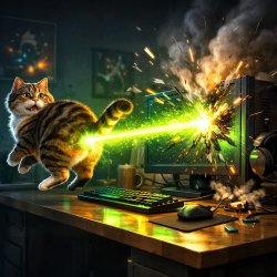 A cat farts a laser beam and it hits a computer. Meme Template