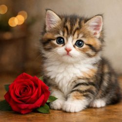 Cute kitten sitting with a red rose Meme Template