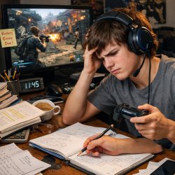 guy struggling to do home work while playing games with 2 hands Meme Template