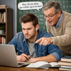 guy working concentrated and teacher trying to give unwanted hel Meme Template