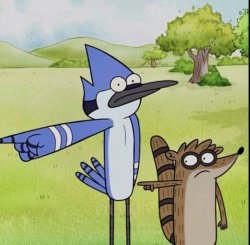 Mordecai and Rigby pointing Meme Template